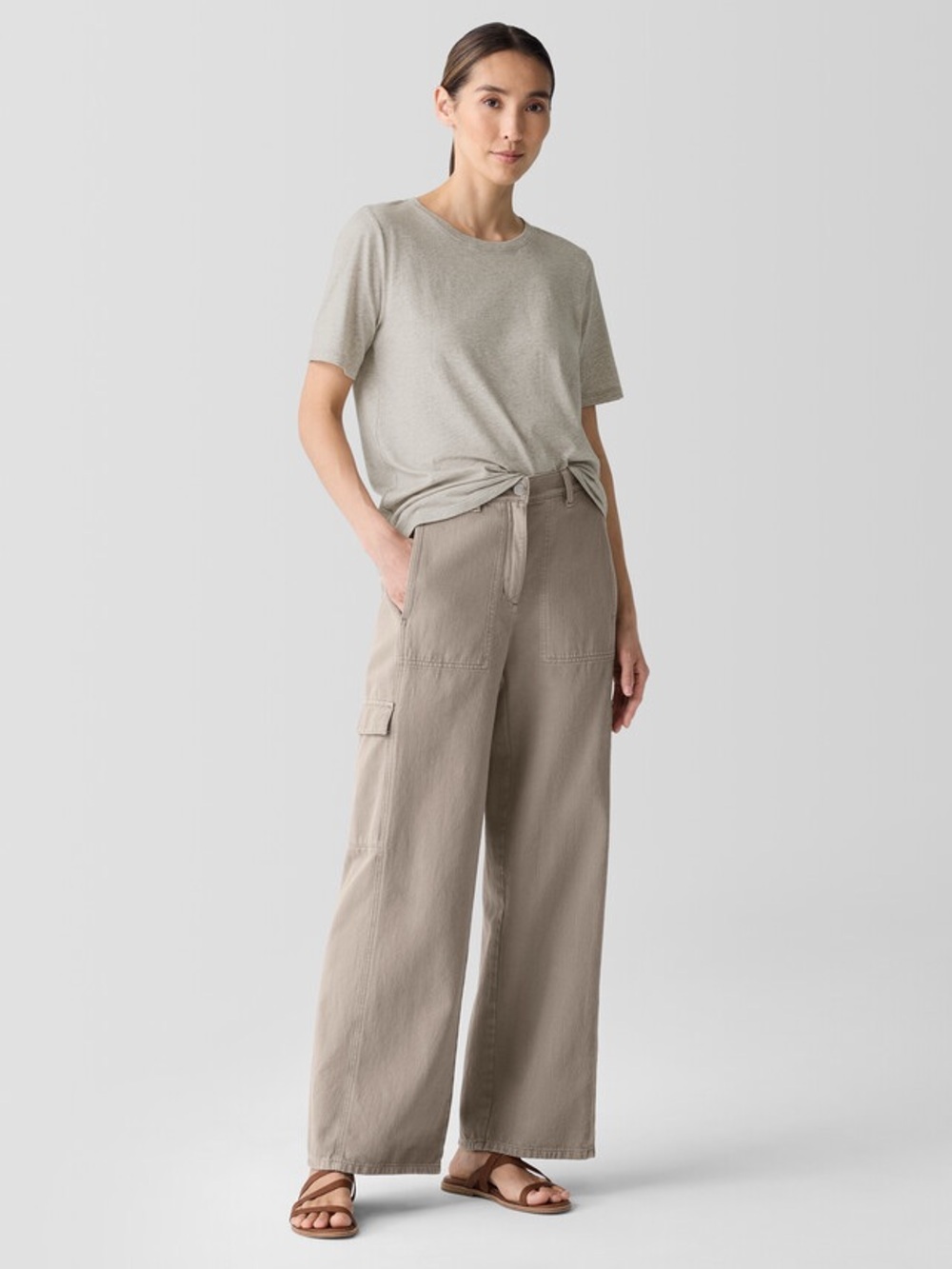 Eileen Fisher Taupe Utility Organic Cotton Cargo Pant | Size Large
